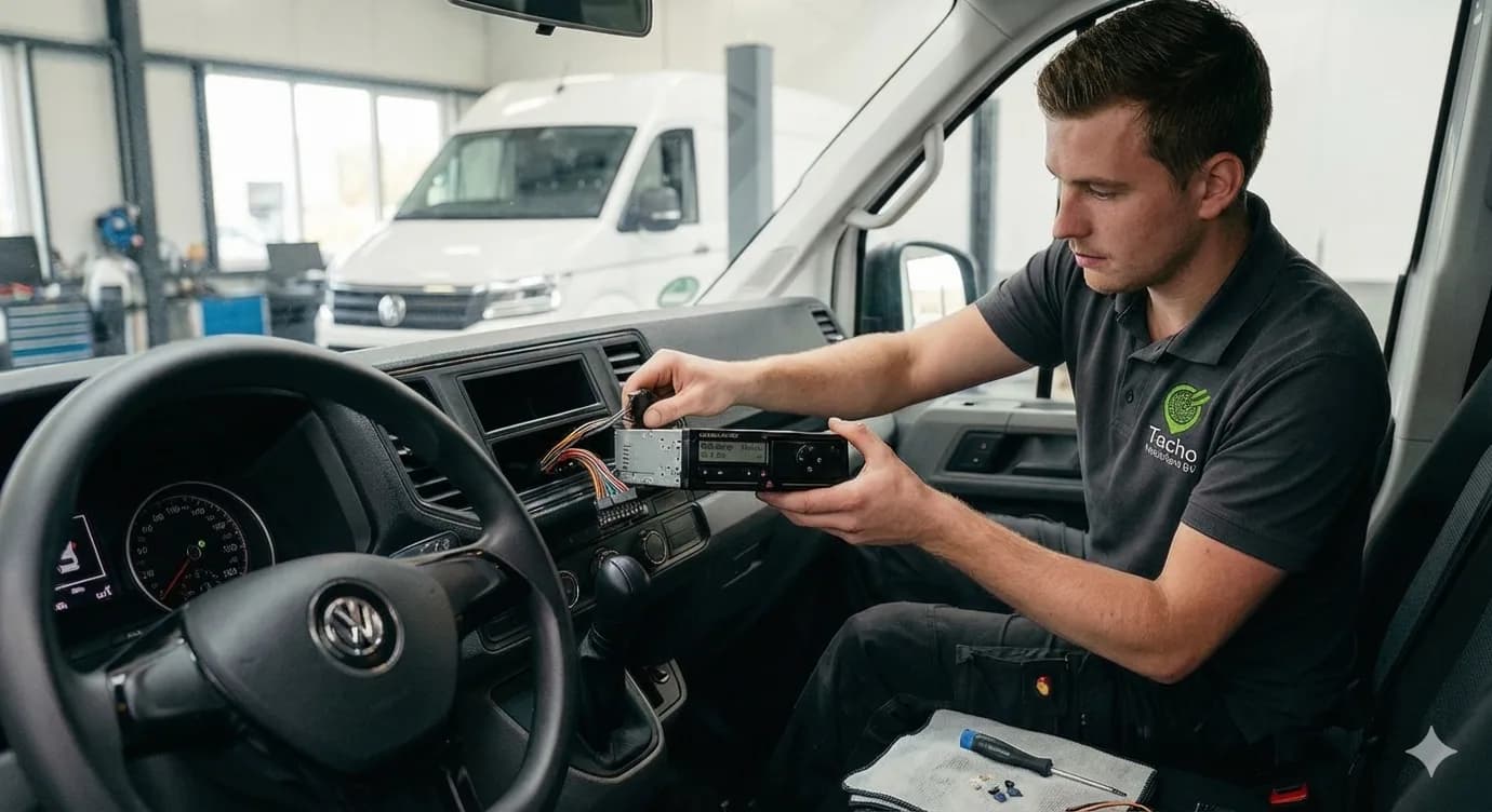 Monteur plaatst een digitale VDO-tachograaf in het dashboard van een Volkswagen Transporter